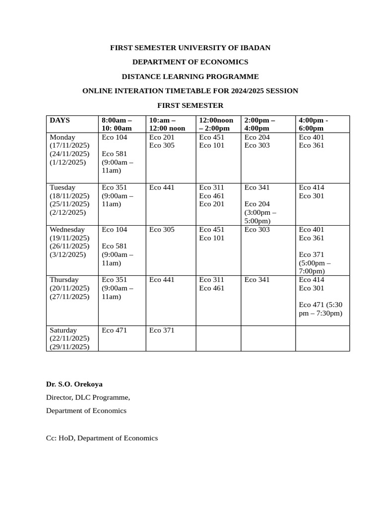 University of Ibadan Economics Timetable 2024 | PDF