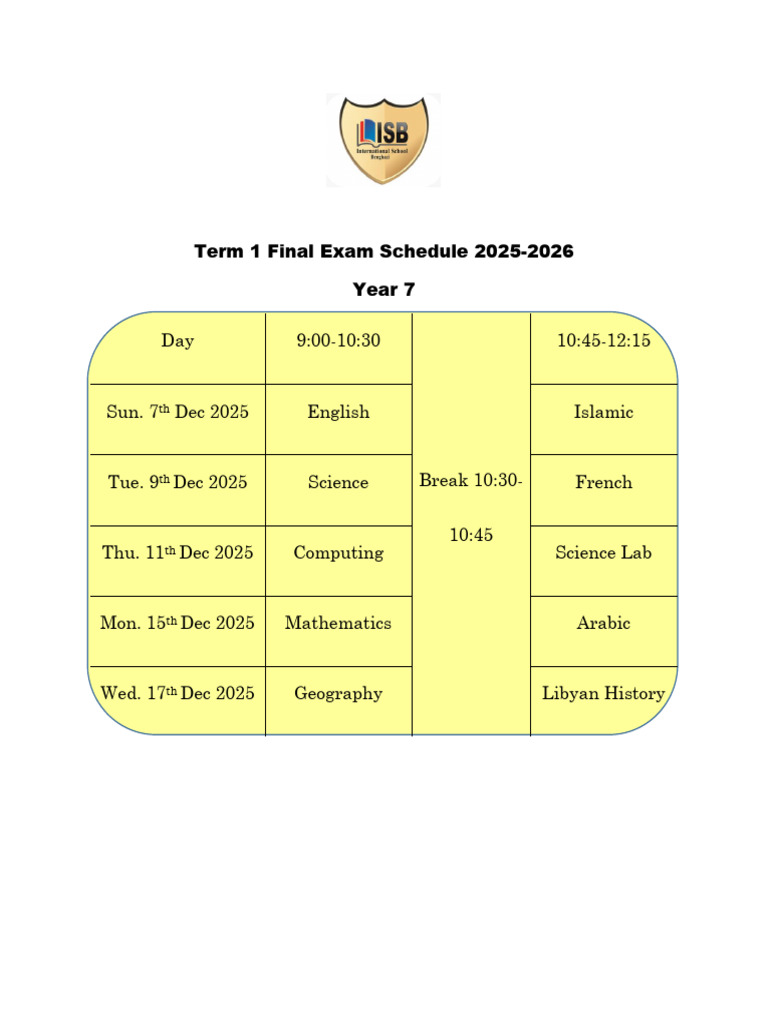 2025-2026 Yearly Exam Schedule | PDF | Science