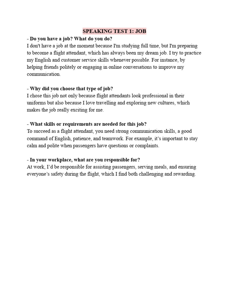 Speaking Tests: Jobs, Cultures, Travel, Body Language | PDF | Body ...