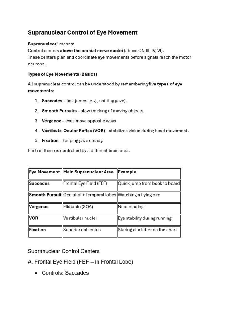Supranuclear Eye Movement Control Explained | PDF | Senses | Vision