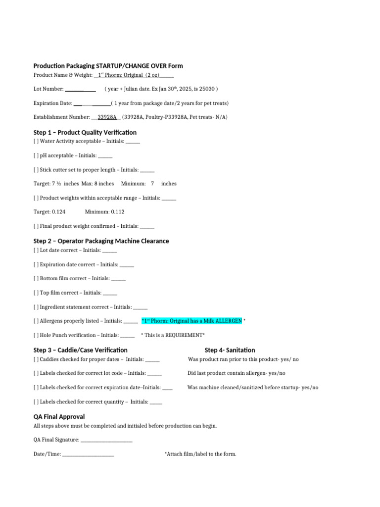 Production Packaging Changeover Checklist | PDF