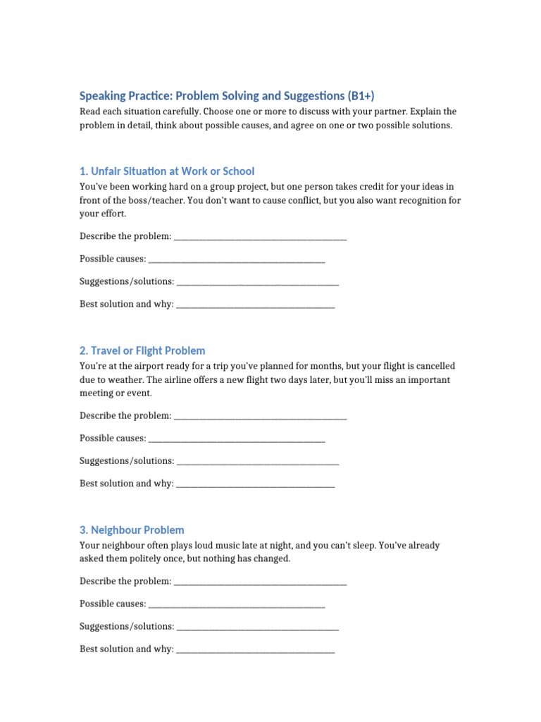 B1+ Speaking Practice: Problem Solving | PDF