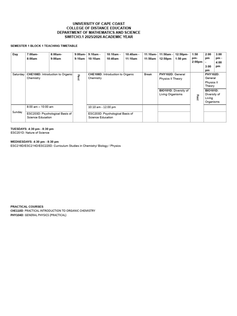 UCC 2025/2026 Distance Education Timetable | PDF | Science