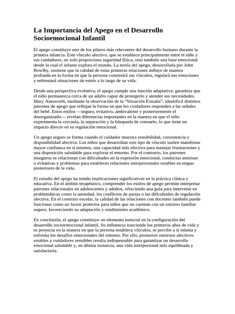 Apego y Desarrollo Socioemocional Infantil | PDF | Teoría de apego ...