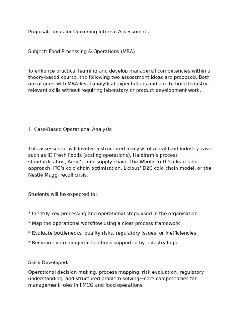MBA Food Processing Assessment Ideas | PDF
