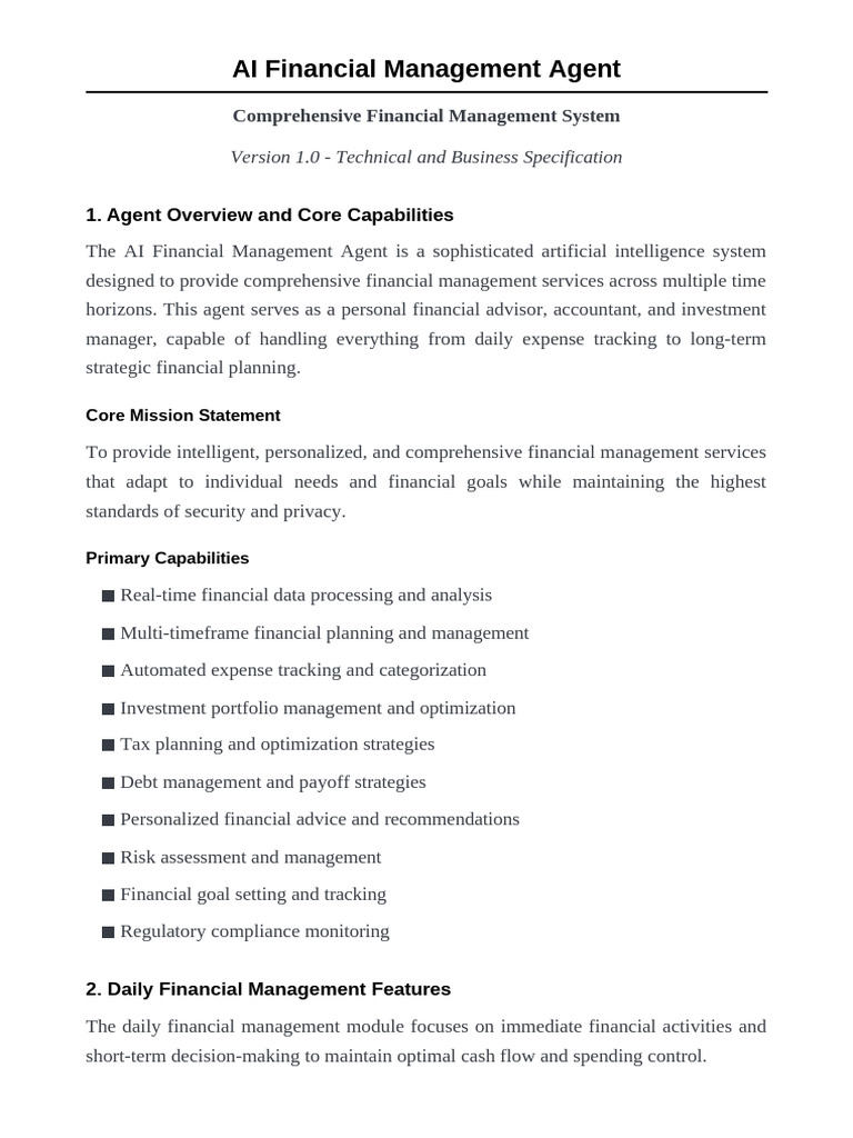Comprehensive Financial Management AI Agent Overview | PDF | Artificial ...