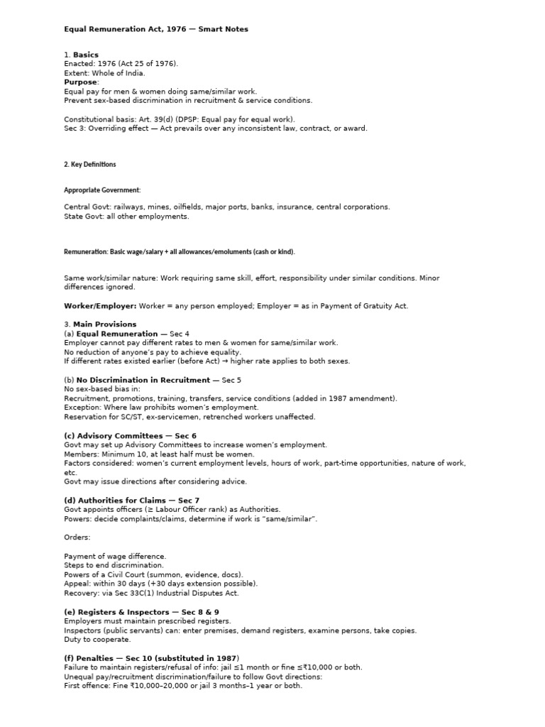 Equal Remuneration Act 1976 Overview | PDF | Employment | Equal Pay For ...