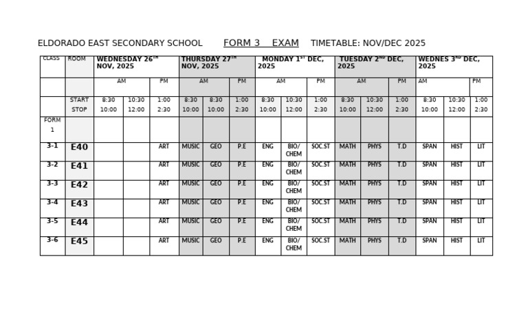 Form 3 Term 1 Exam Timetable Final (2025-2026) | PDF