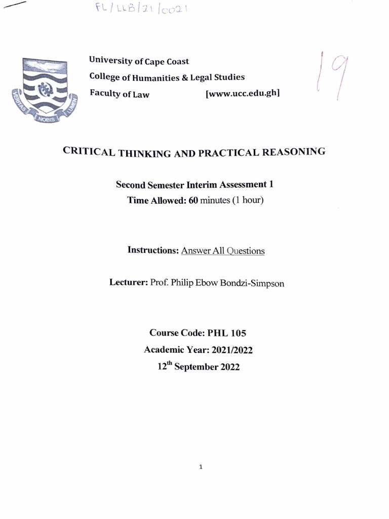 Critical Thinking Assessment PHL 105 | PDF | Fallacy | Logic