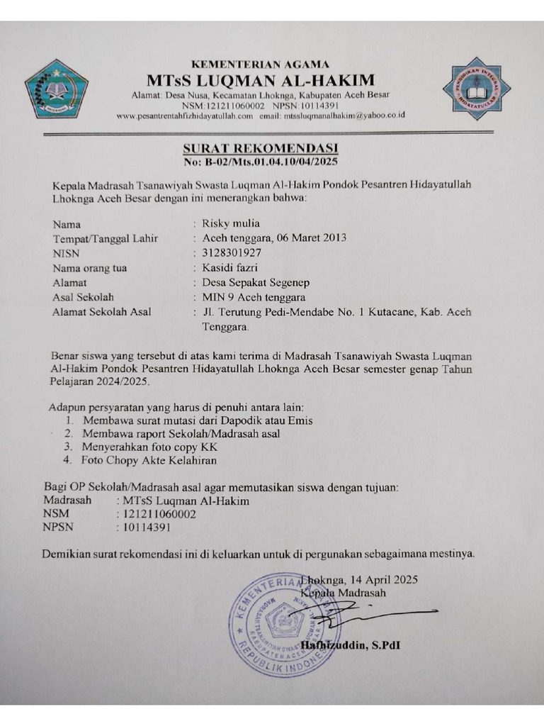 Surat Rekom Mts | PDF
