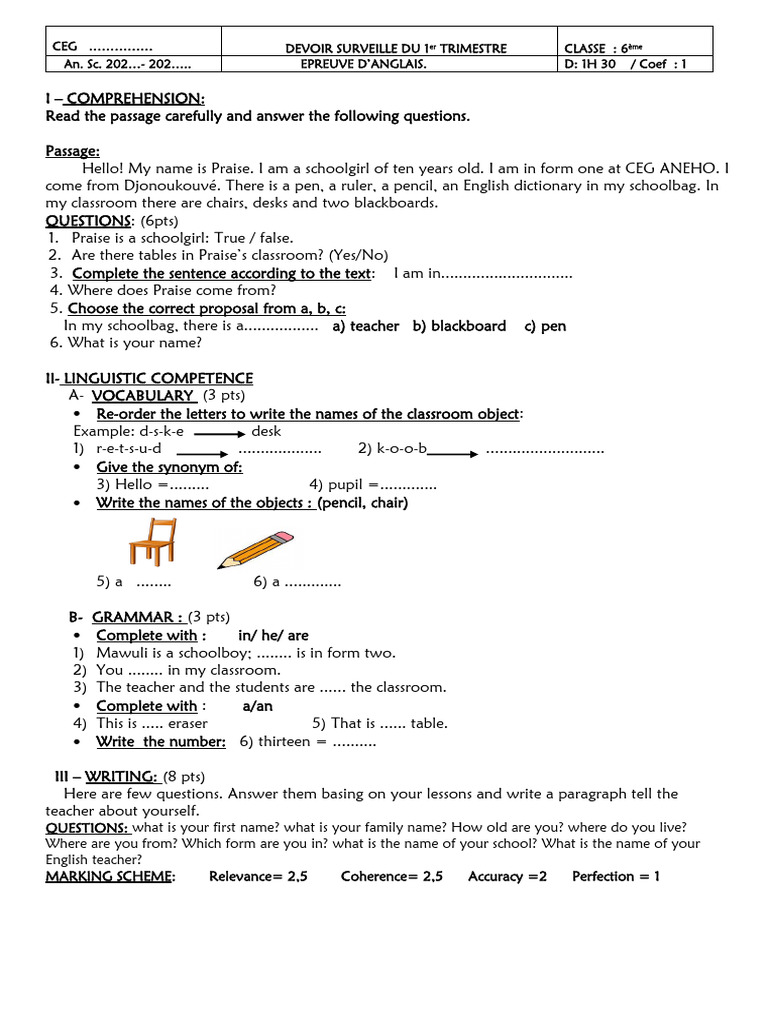 English Test for 6th Grade Students | PDF