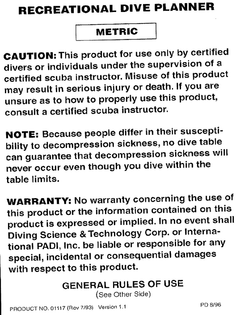 PADI - Open Water Diving Table Recreational Dive Planner RDP With ...