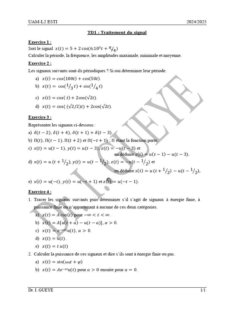 Exercices de Traitement du Signal 2024/2025 | PDF