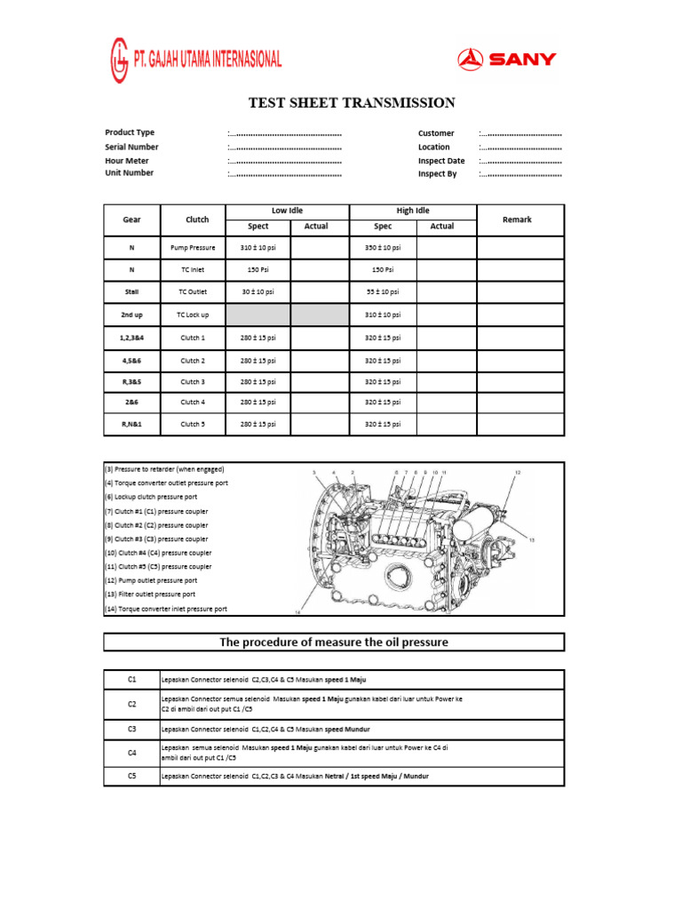 Transmission Oil Pressure Test Sheet | PDF | Clutch | Manufactured Goods