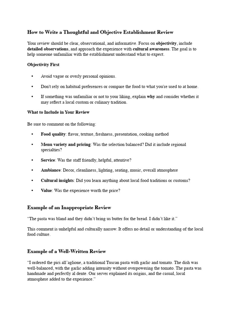 Objective Guide to Writing Establishment Reviews | PDF | Food And Drink ...