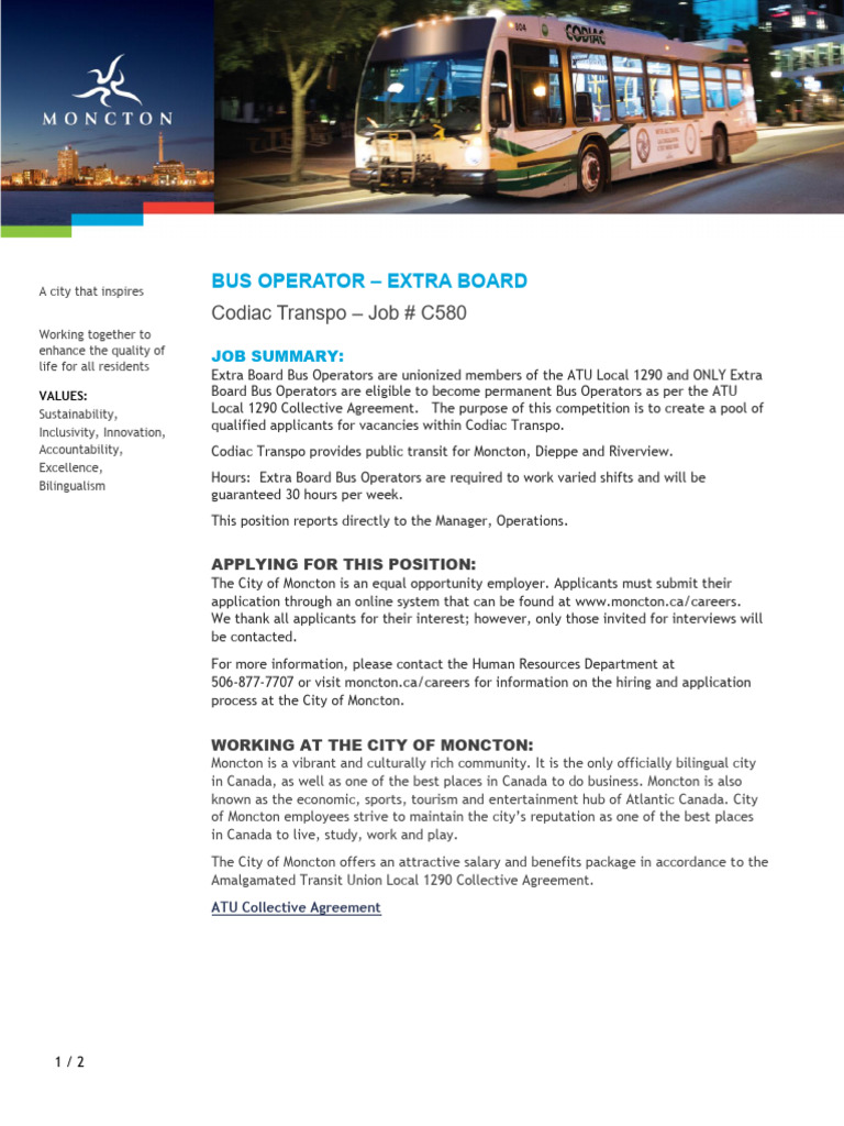 C580 - Bus Operator - Extra Board - Codiac Transpo | PDF