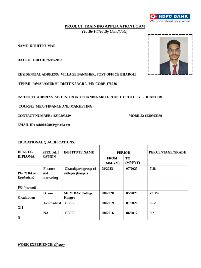 Project Training Application Form FILLED | PDF