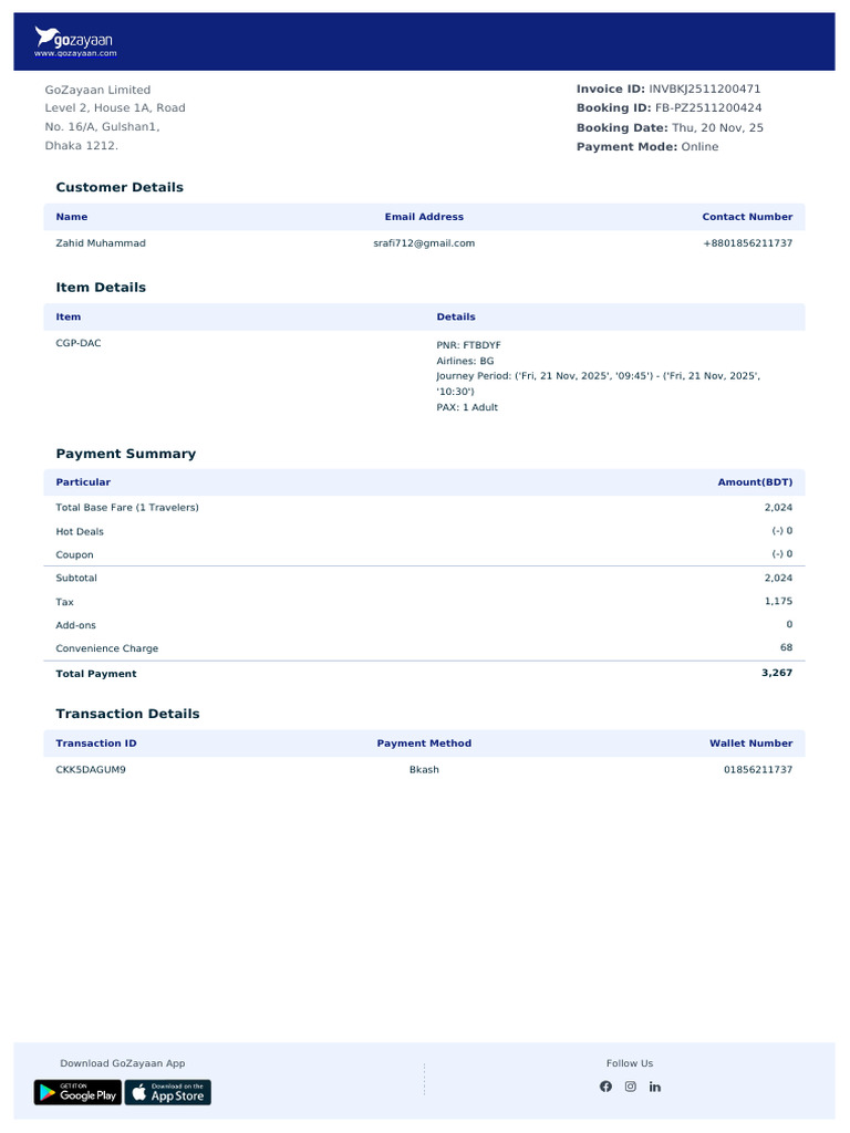 GoZayaan Flight Invoice - ID: InVBKJ2511200471 | PDF | Payments ...