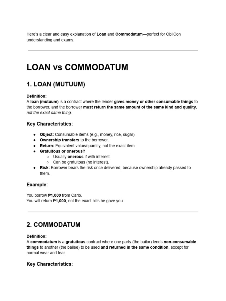 Loan vs Commodatum: Key Differences Explained | PDF | Loans | Interest