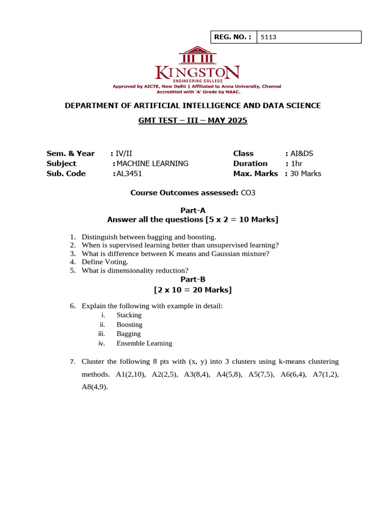 Machine Learning Test Questions May 2025 | PDF