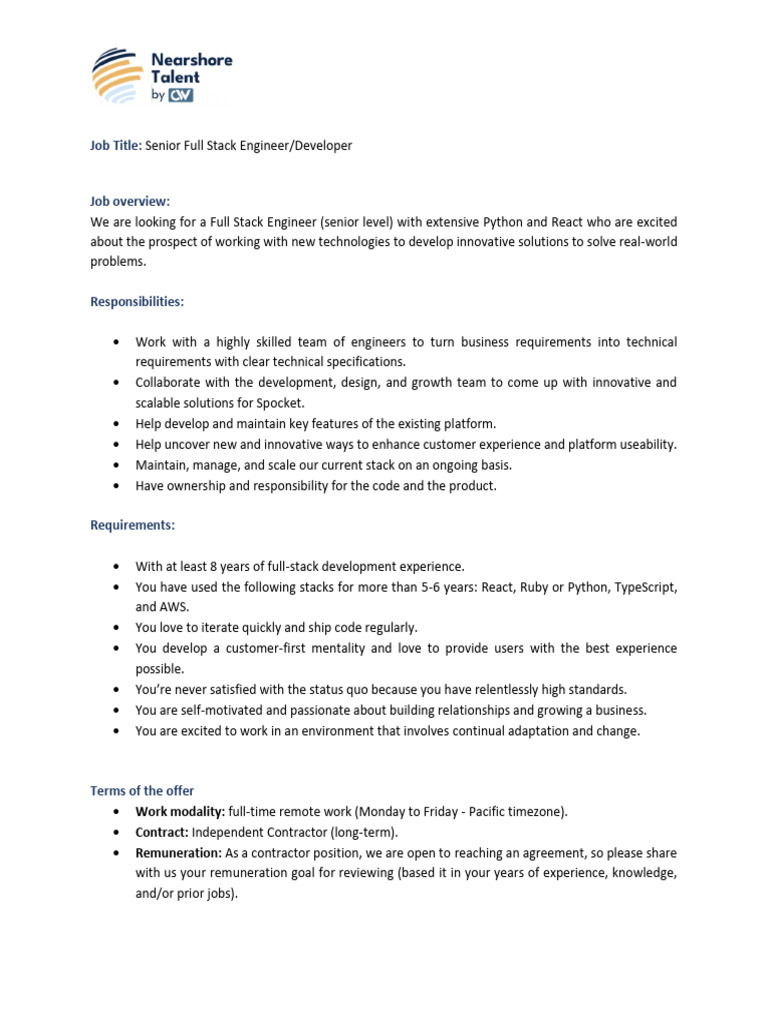Senior Full Stack Engineer Job Opening | PDF | Business
