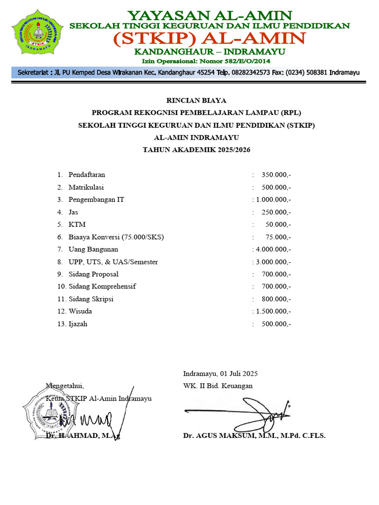 Rincian Biaya RPL STKIP Al-Amin 2025 | PDF