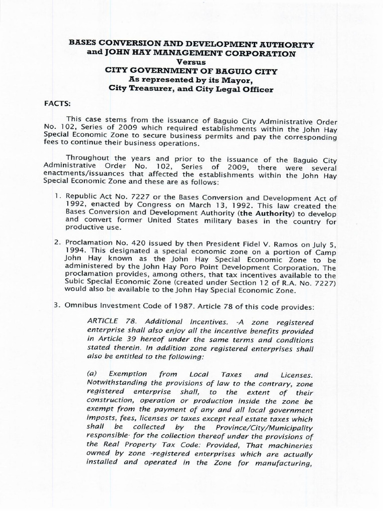 BCDA Vs City of Baguio Case Digest (Billones, Federico) | PDF