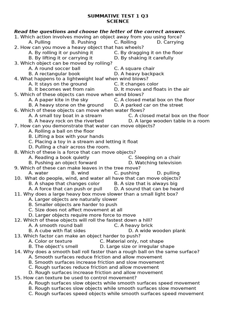 Science Summative Test Q3: Forces & Motion | PDF | Friction | Force
