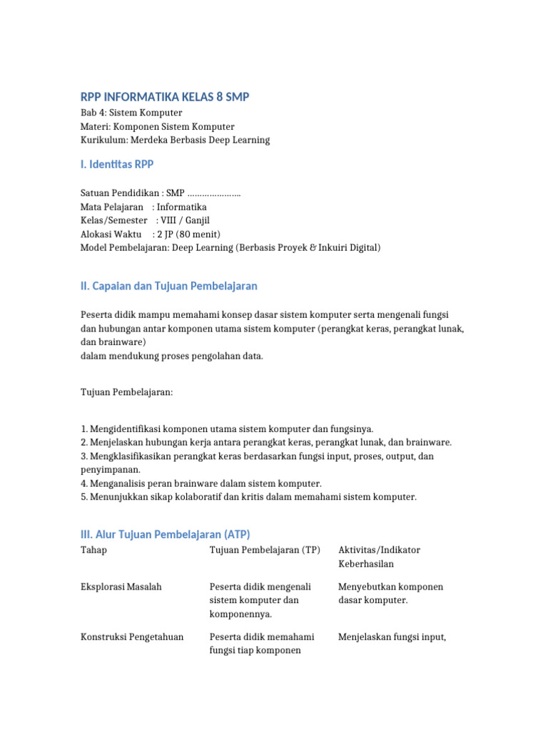 RPP Informatika Kelas 8: Sistem Komputer | PDF