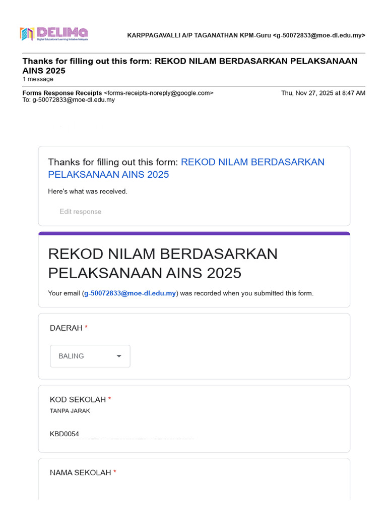 Rekod Nilam Berdasarkan Pelaksanaan Ains 2025 | PDF