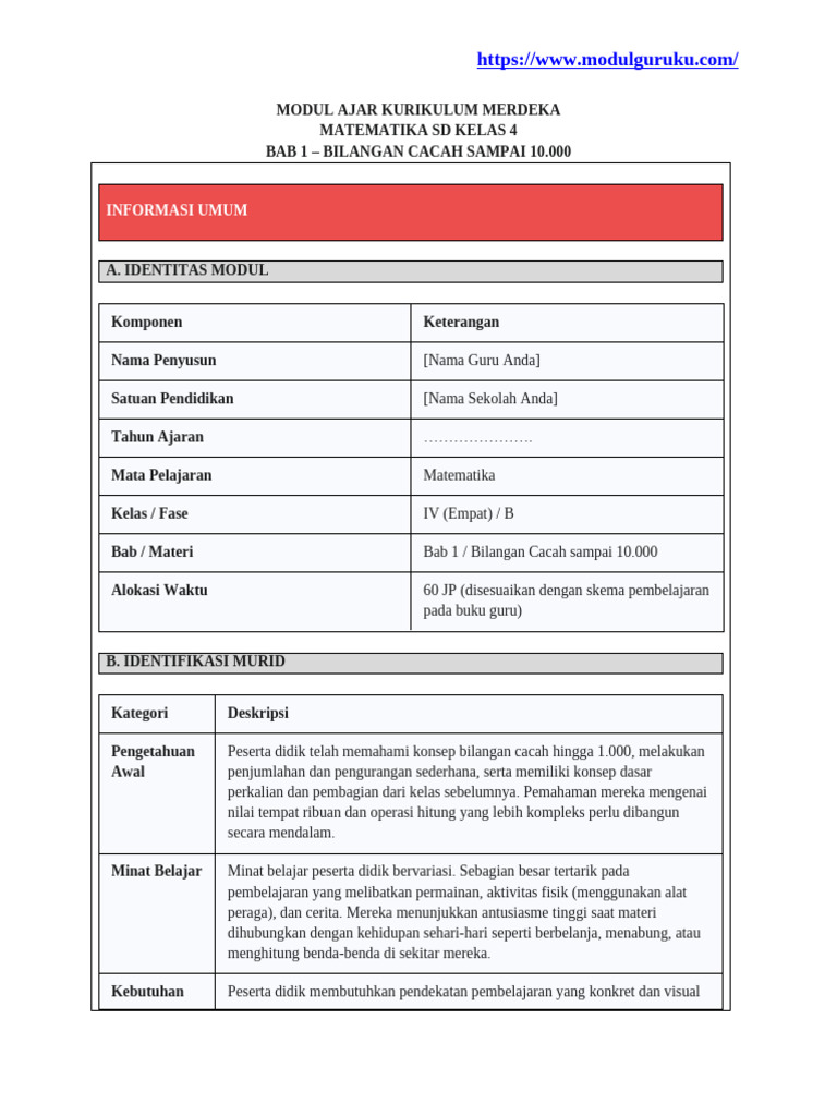 Modul Ajar Matematika Kelas 4 SD | PDF