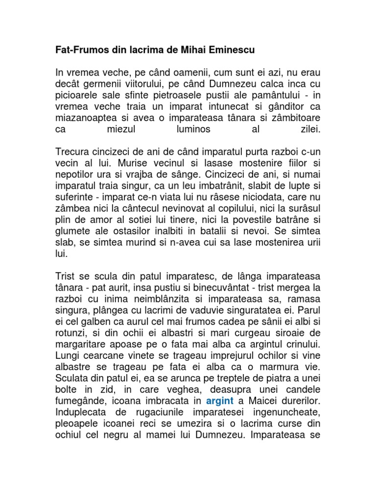 Fisa De Lectura Fat Frumos Din Lacrima Fat-Frumos din lacrima de Mihai Eminescu: argint