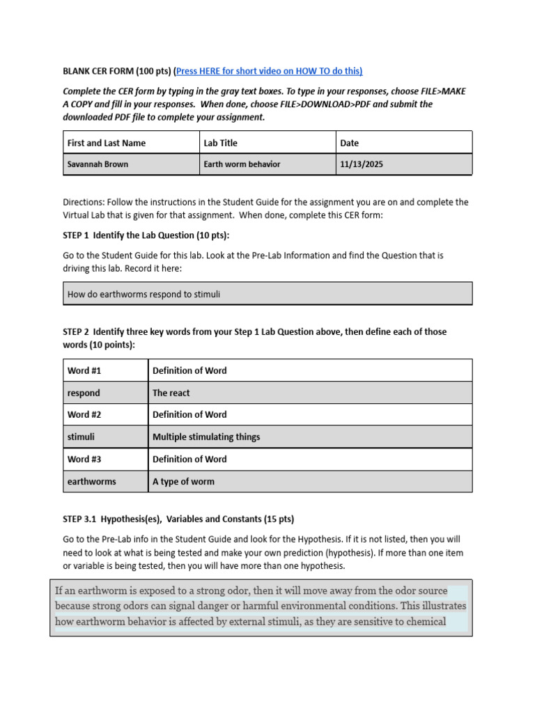 Earthworm Behavior CER Form Guide | PDF | Experiment | Odor