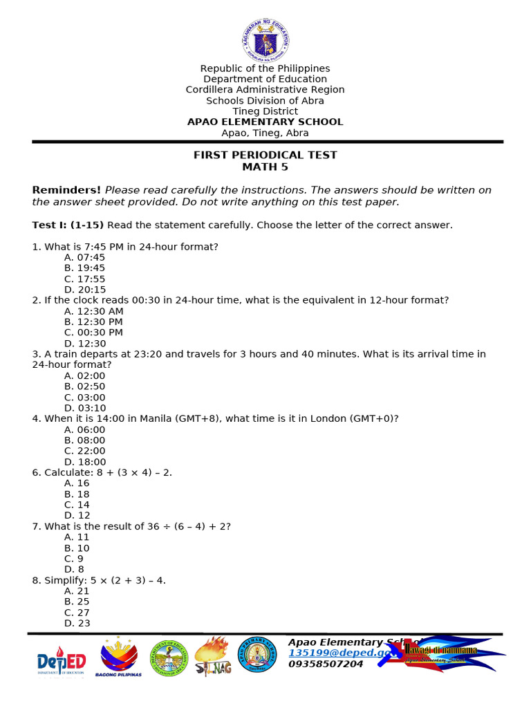 Math 5 Periodical Test for Apao School | PDF | Chess Openings | Chess