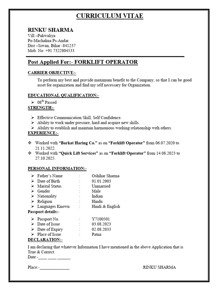 Forklift Operator CV of Rinku Sharma | PDF