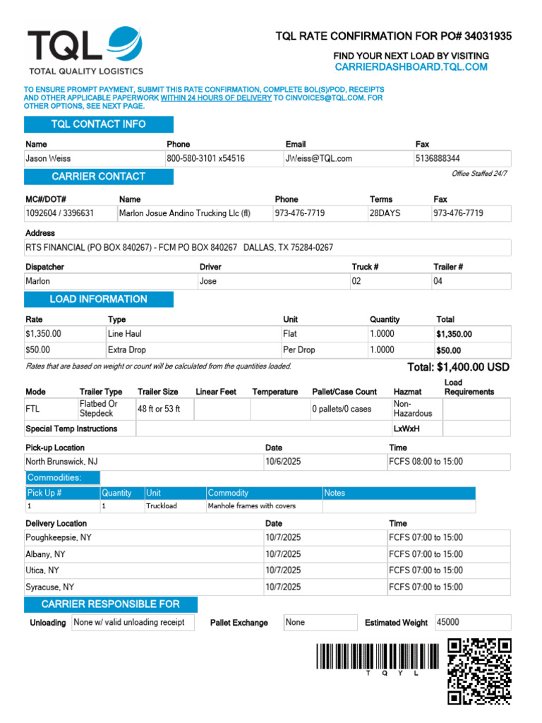 Carrier Rate Confirmation 34031935 | PDF | Per Diem | Freight Transport