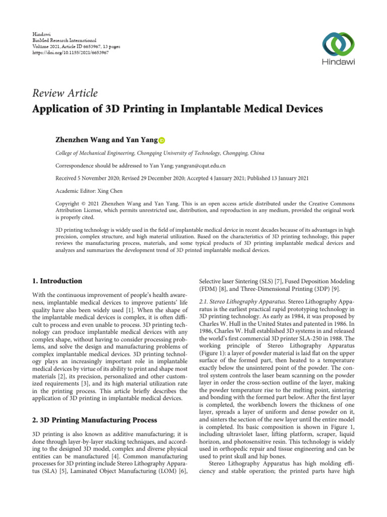Review Article: Application of 3D Printing in Implantable Medical ...