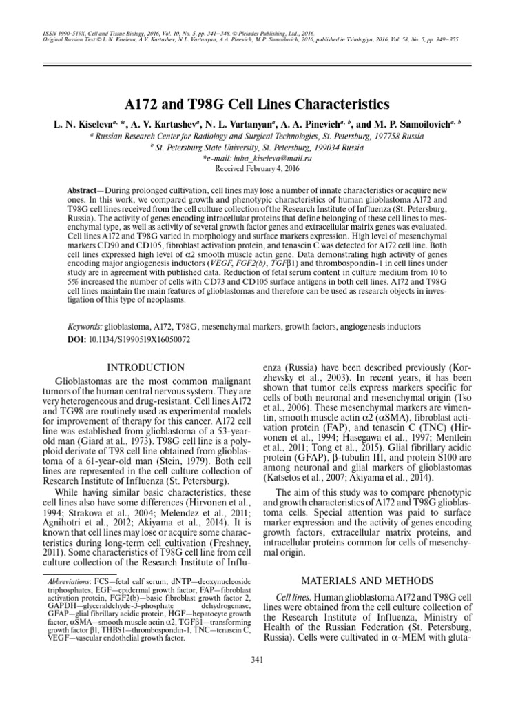 A172 and T98G Glioblastoma Cell Line Study | PDF | Cell Culture ...