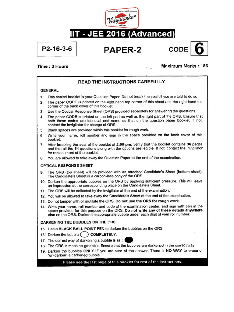 IIT JEE 2016 Advanced Question Paper Solutions | PDF | Rotation Around ...