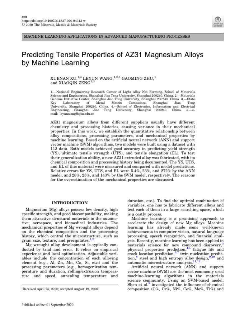Machine Learning for AZ31 Alloy Properties | PDF | Support Vector ...