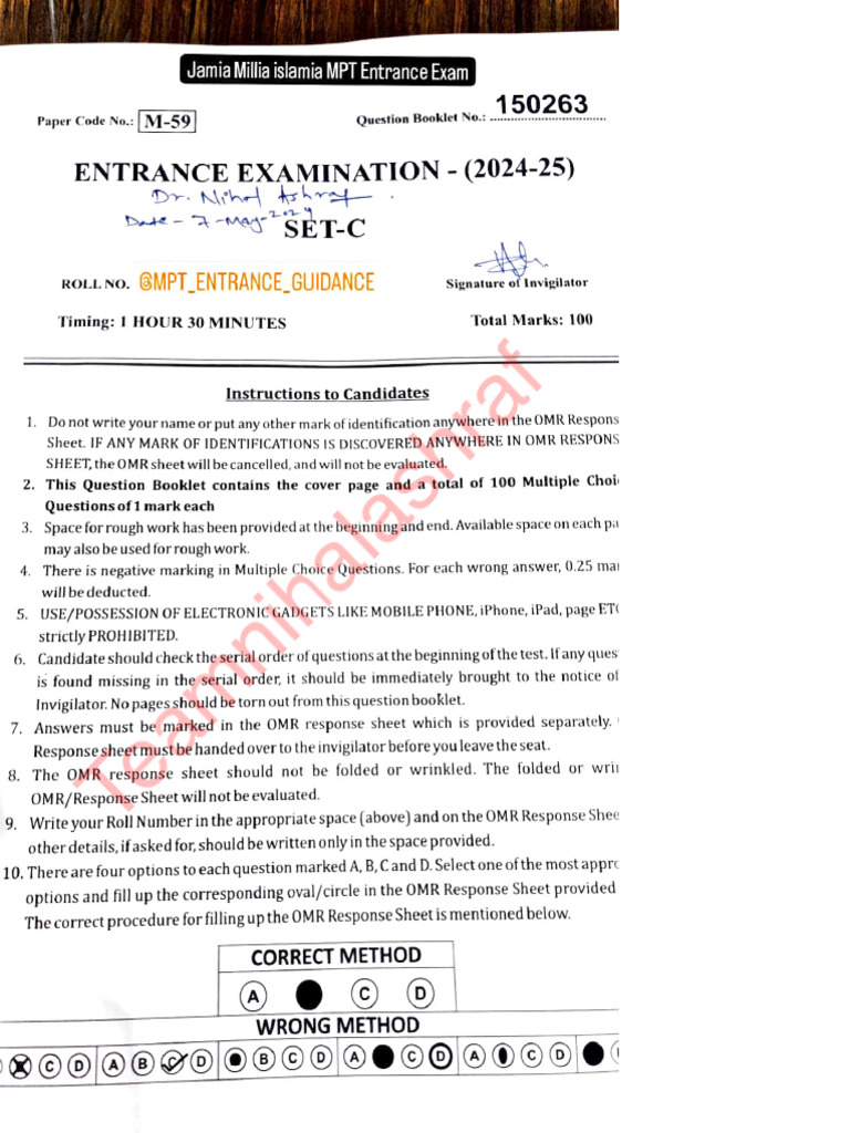 7M-16 JMI MPT Entrance Paper 2024 (2) | PDF | Knee | Musculoskeletal System