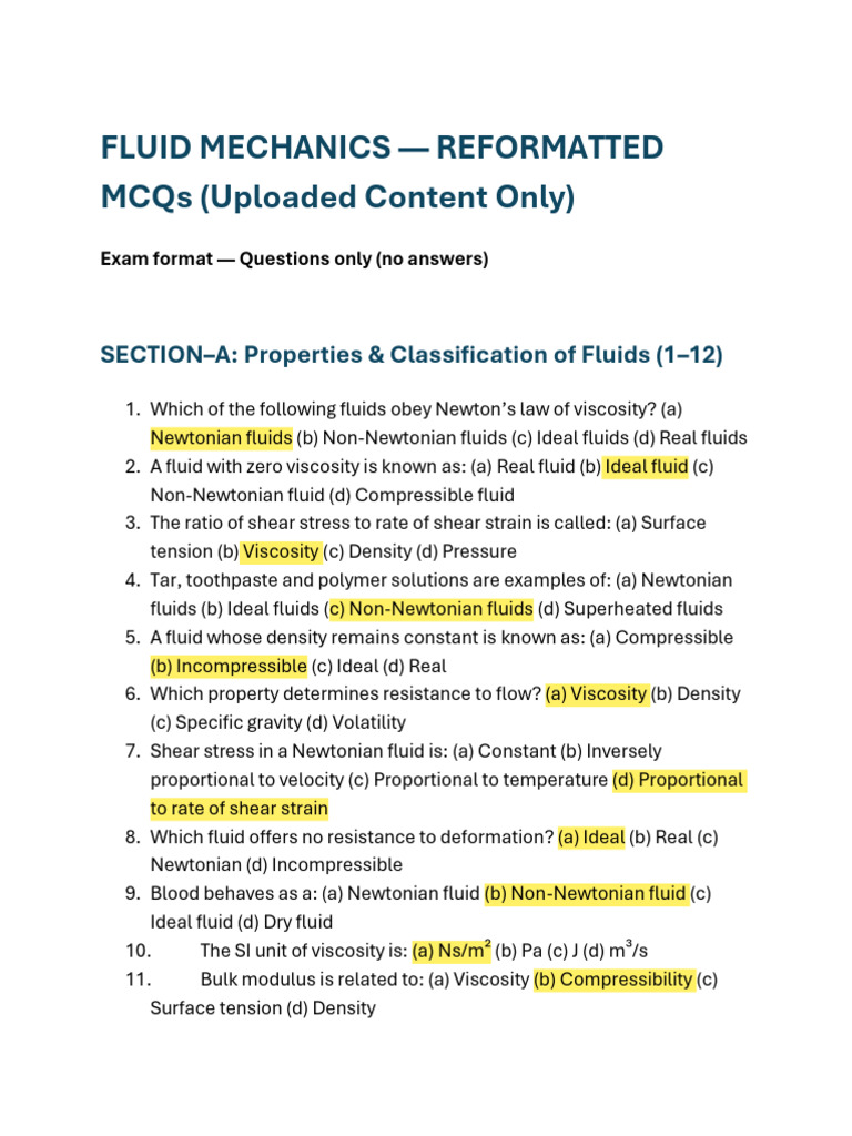 Fluid Mechanics MCQs for Exams | PDF | Fluid Dynamics | Pressure