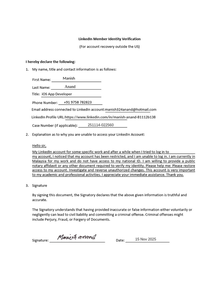 LinkedIn Account Recovery Request Form | PDF | Affidavit | Linked In