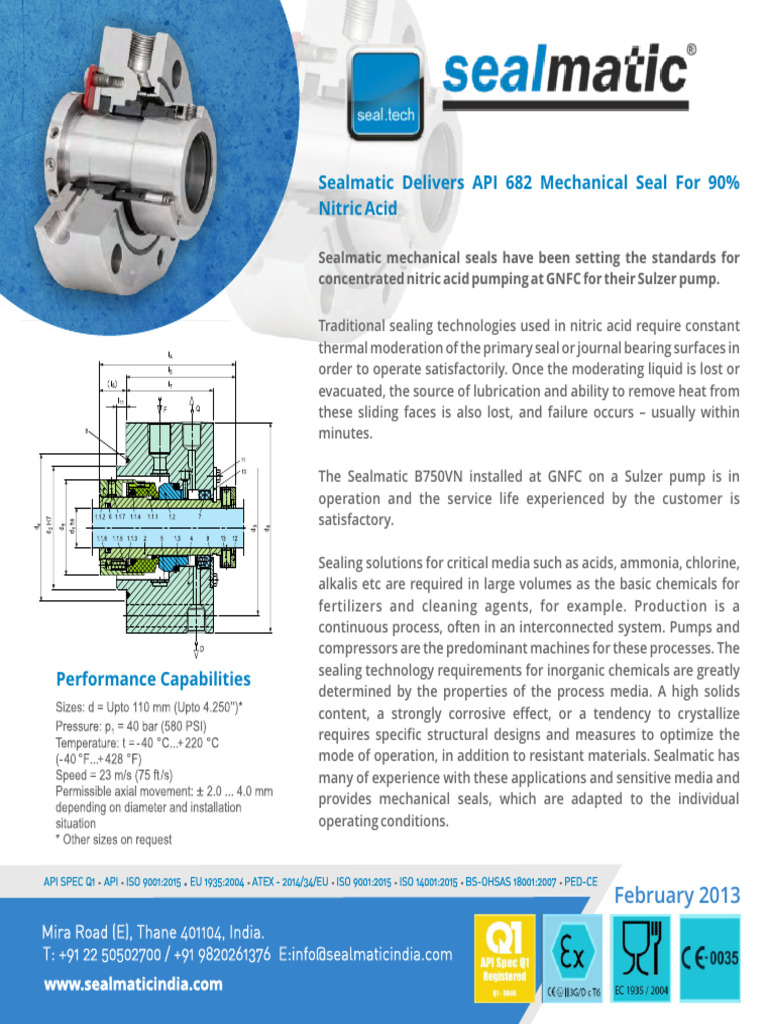 Sealmatic API 682 Seal for Nitric Acid | PDF | Nitric Acid | Pump