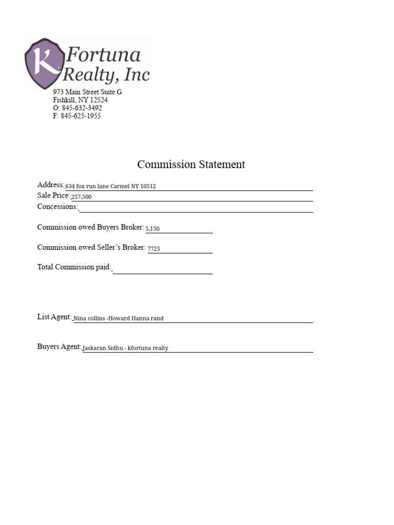 Commission Statement for Real Estate Sale | PDF