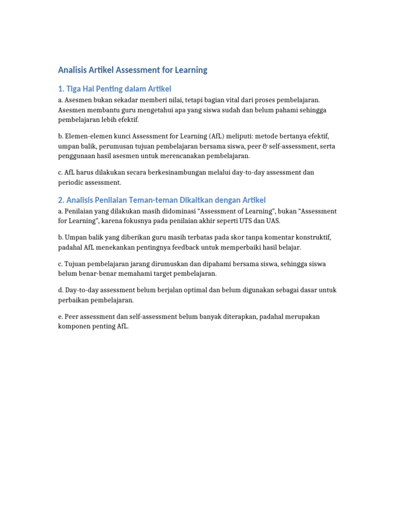 Analisis Assessment For Learning | PDF