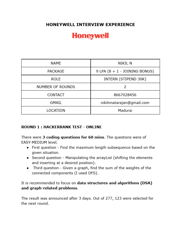 Honeywell Interview Experience | PDF | Applied Mathematics | Computer ...