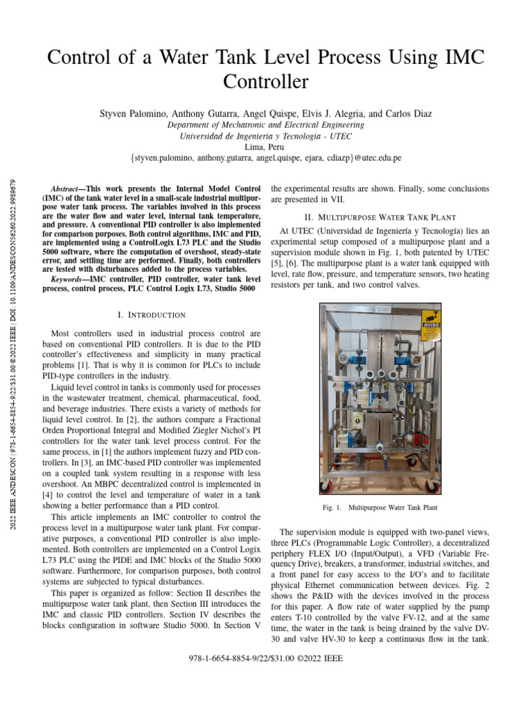 Control of A Water Tank Level Process Using IMC Controller | PDF ...