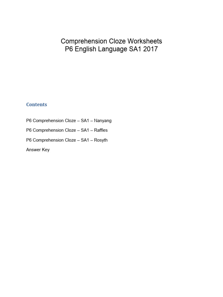 P6 Compre Cloze Worksheet SA1 2017 | PDF