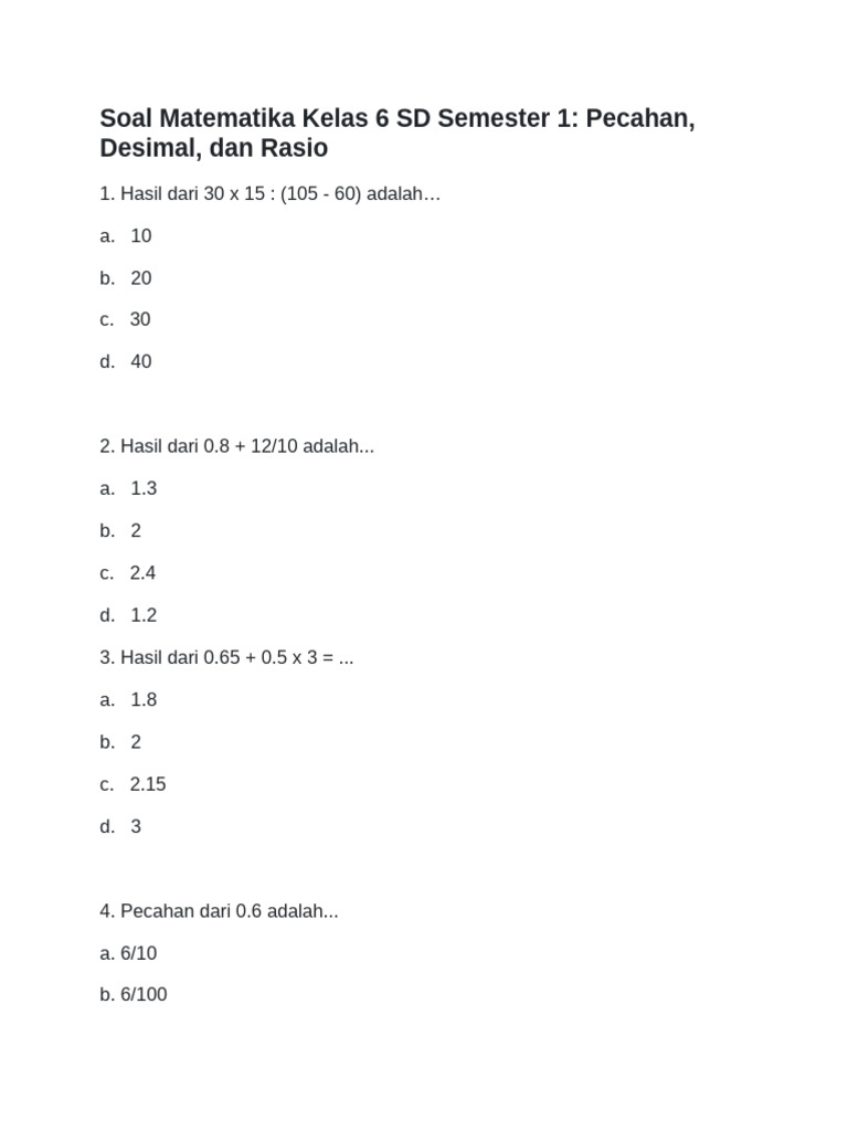 Soal Matematika Kelas 6 SD Semester 1 | PDF
